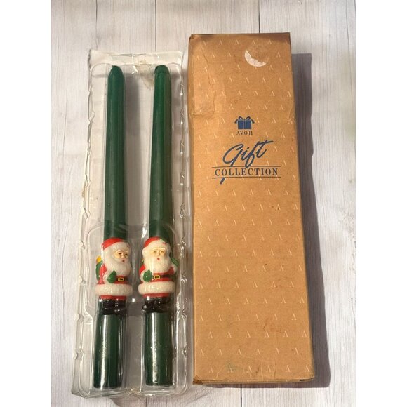 Avon Gift Collection Santa Taper Candles Set Of 2 Green Wax Holiday Decoration - Picture 2 of 4